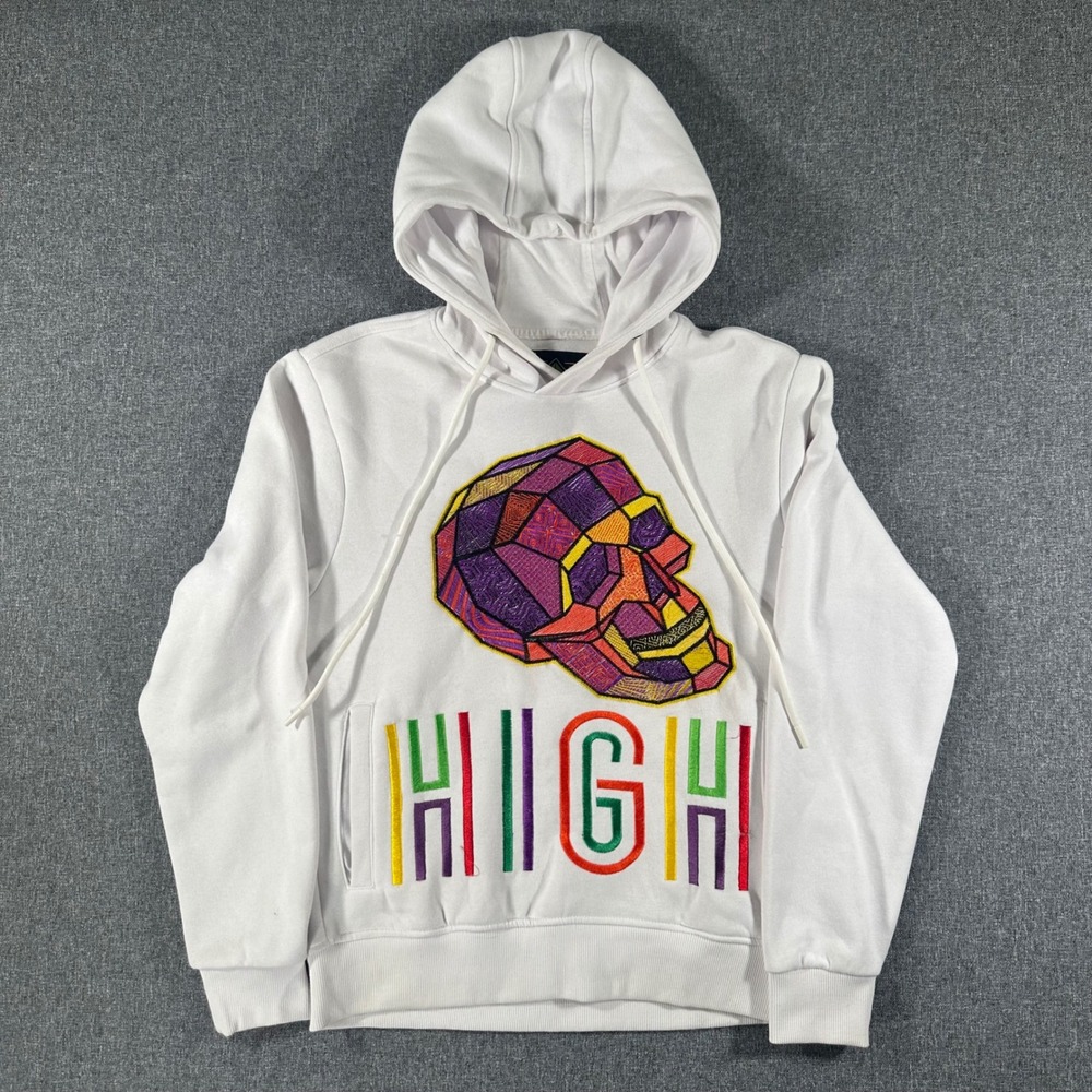 Create 2Mrw Mens Hoodie White Embroidered Skull High Graphic Sweatshirt Size M